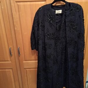 2 PC black vintage beaded cocktail dress & overcoat